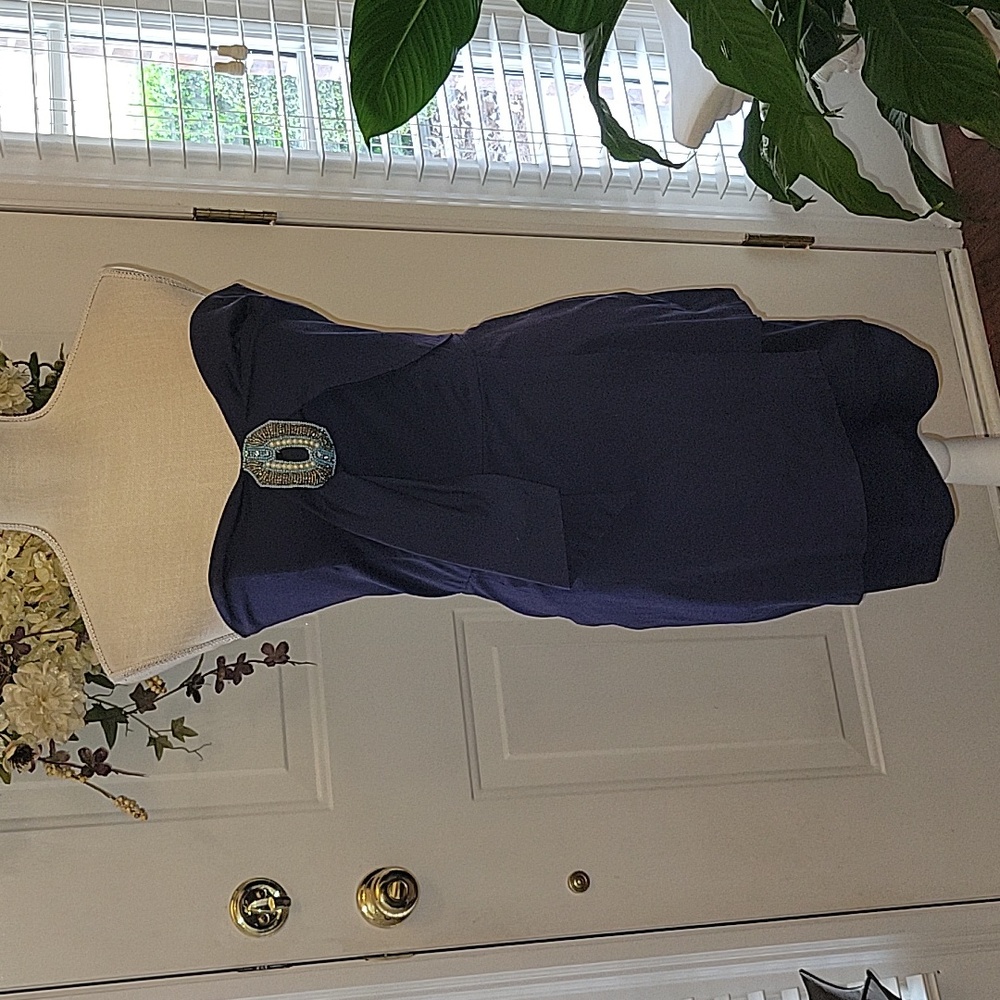 Judith March navy blue strapless beaded dress stretch fitted waistline M…EUC